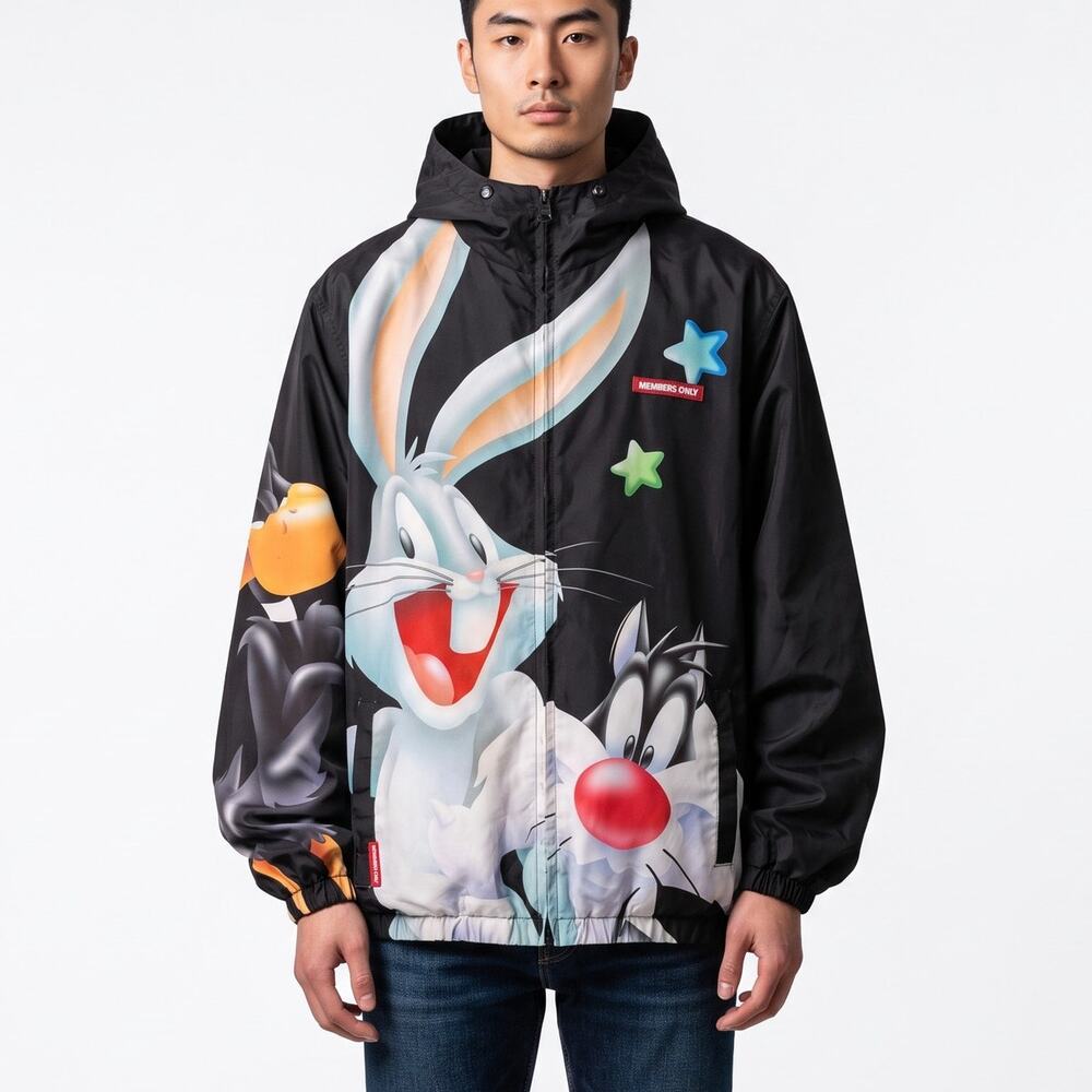 LOONEY TUNES x Members Only Men's L Cartoon Black Hoodie Track Jacket MW090401